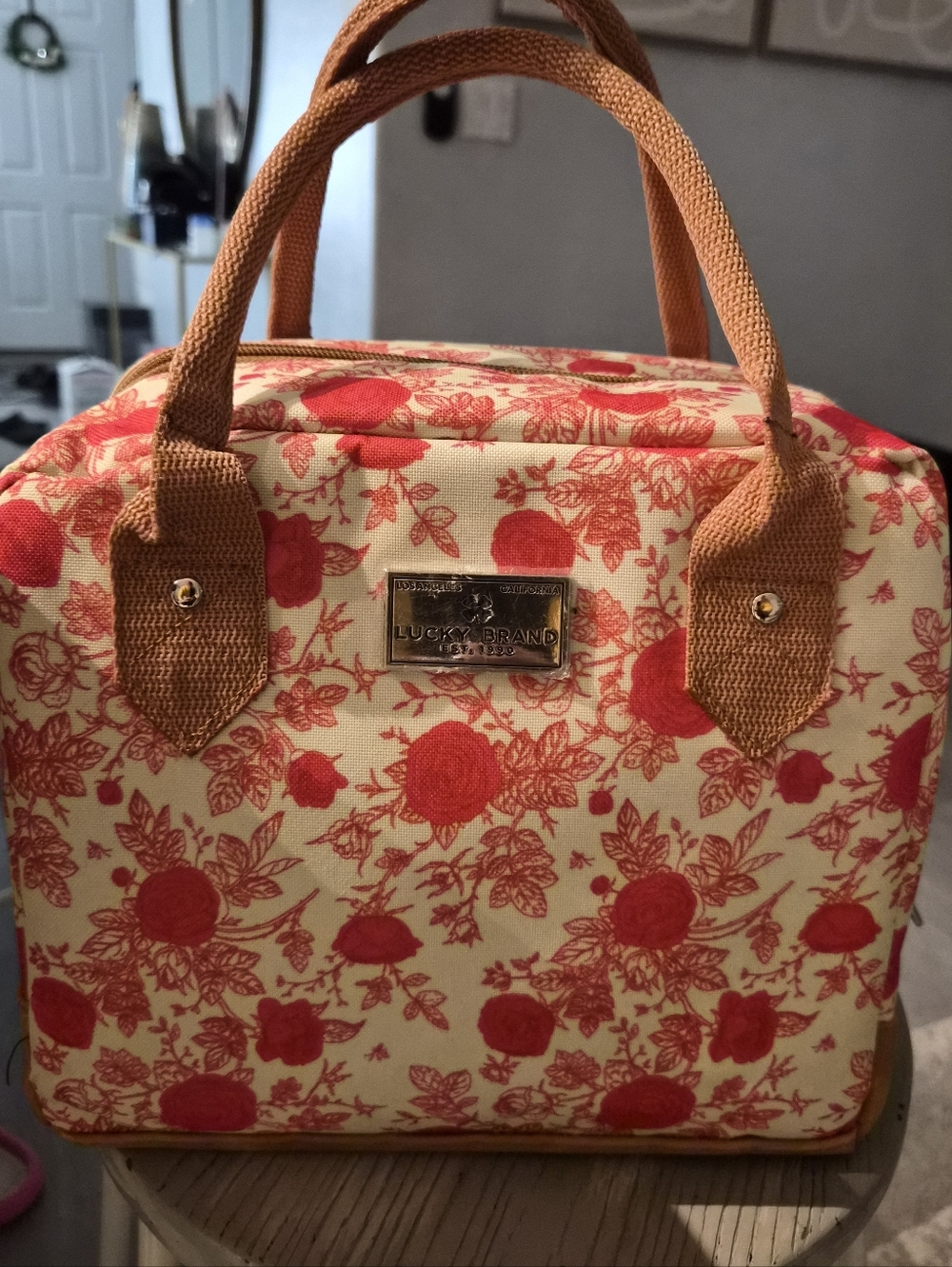 Lucky Brand Coral Floral Canvas Lunch Bag with Tan Trim